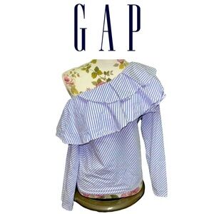 GAP blue pinstripe wide boat neck shoulder ruffle top blouse size XS NWT